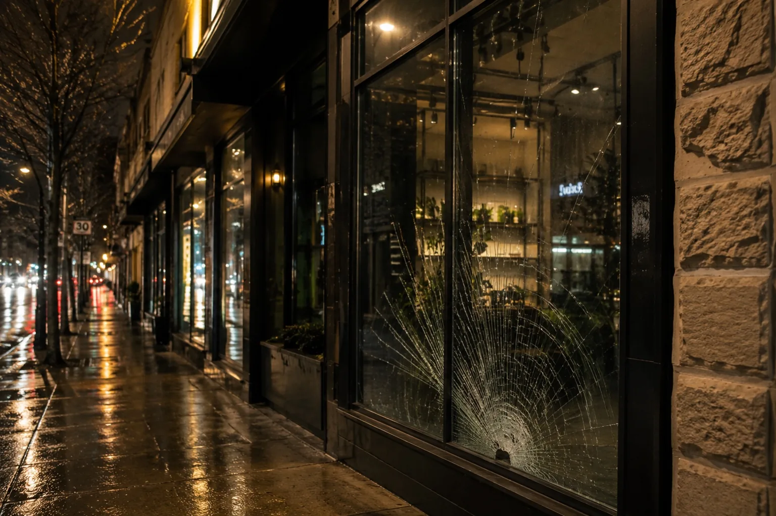 Broken Toronto storefront glass
