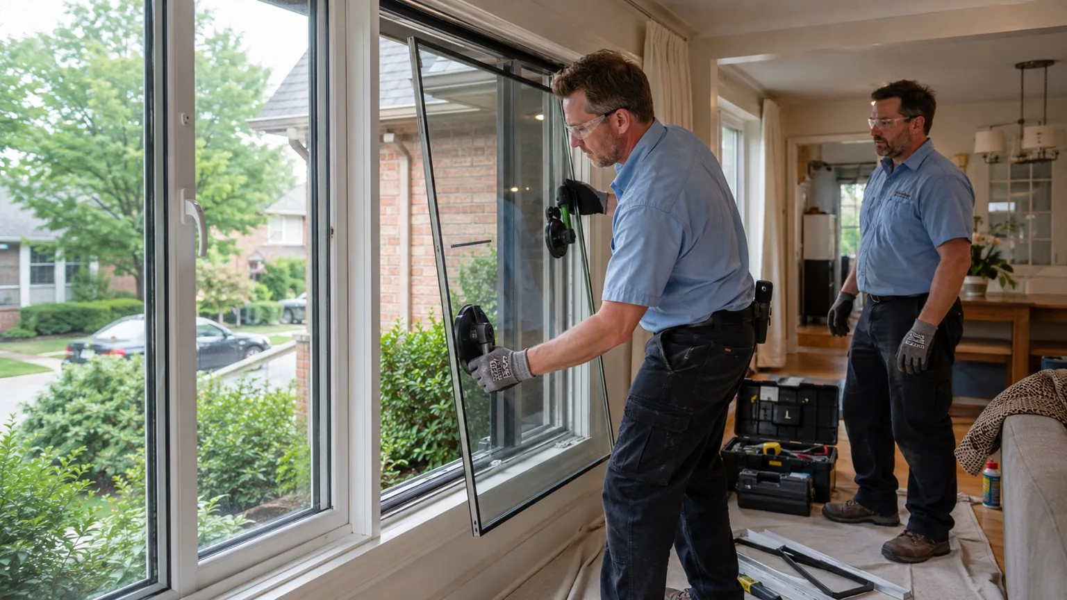 Glazier reviewing a residential window