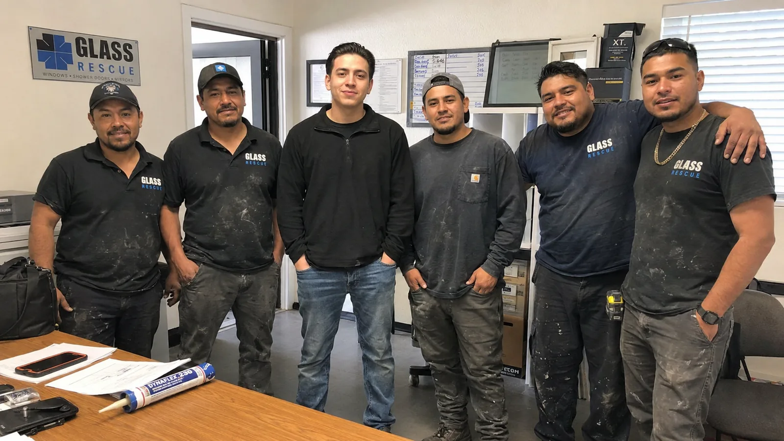 Glass and window service team in a local office
