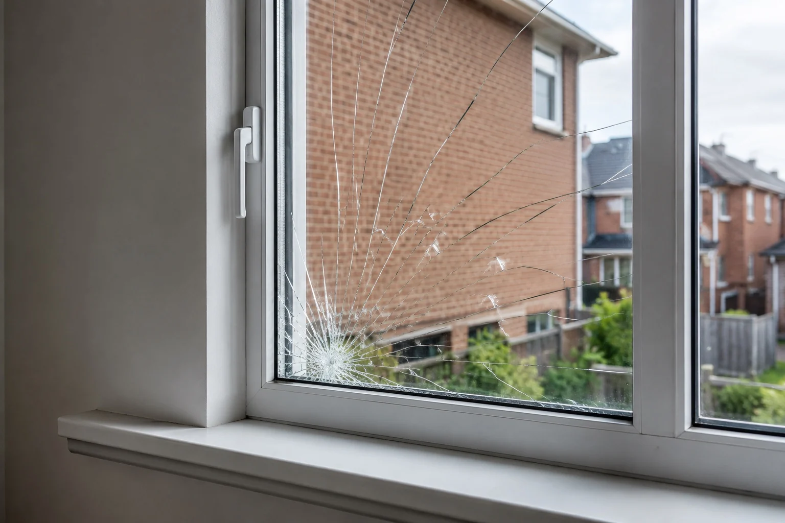 Cracked residential window glass in a Toronto home