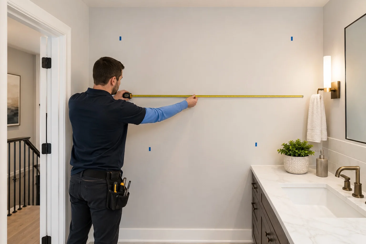 Professional measuring a bathroom wall for a custom mirror
