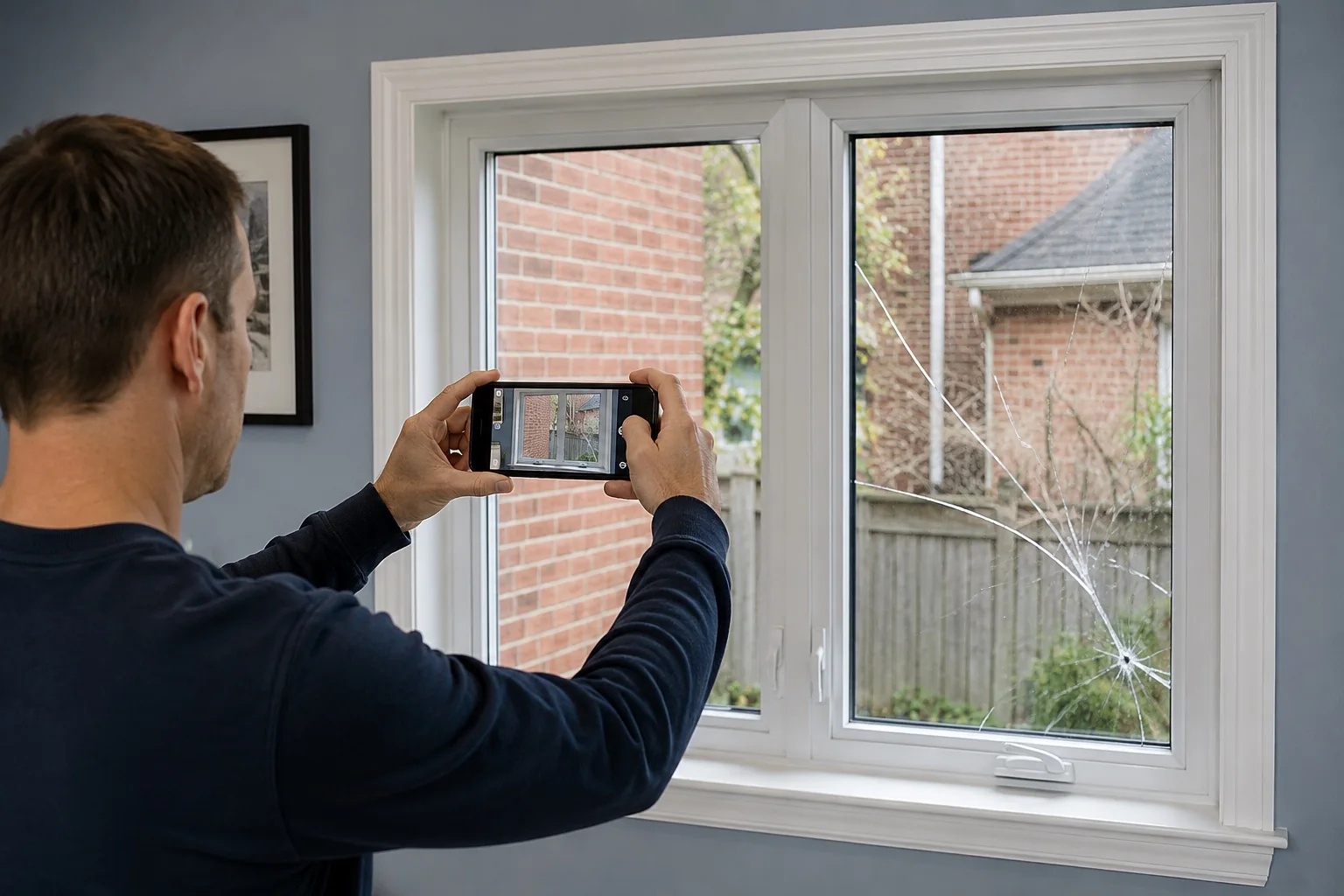 Homeowner photographing a damaged window for an online estimate