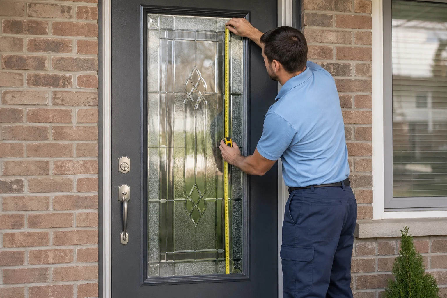 Decorative residential door glass insert being measured