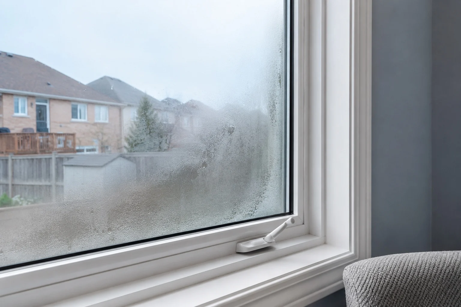 Foggy insulated glass with condensation between the panes