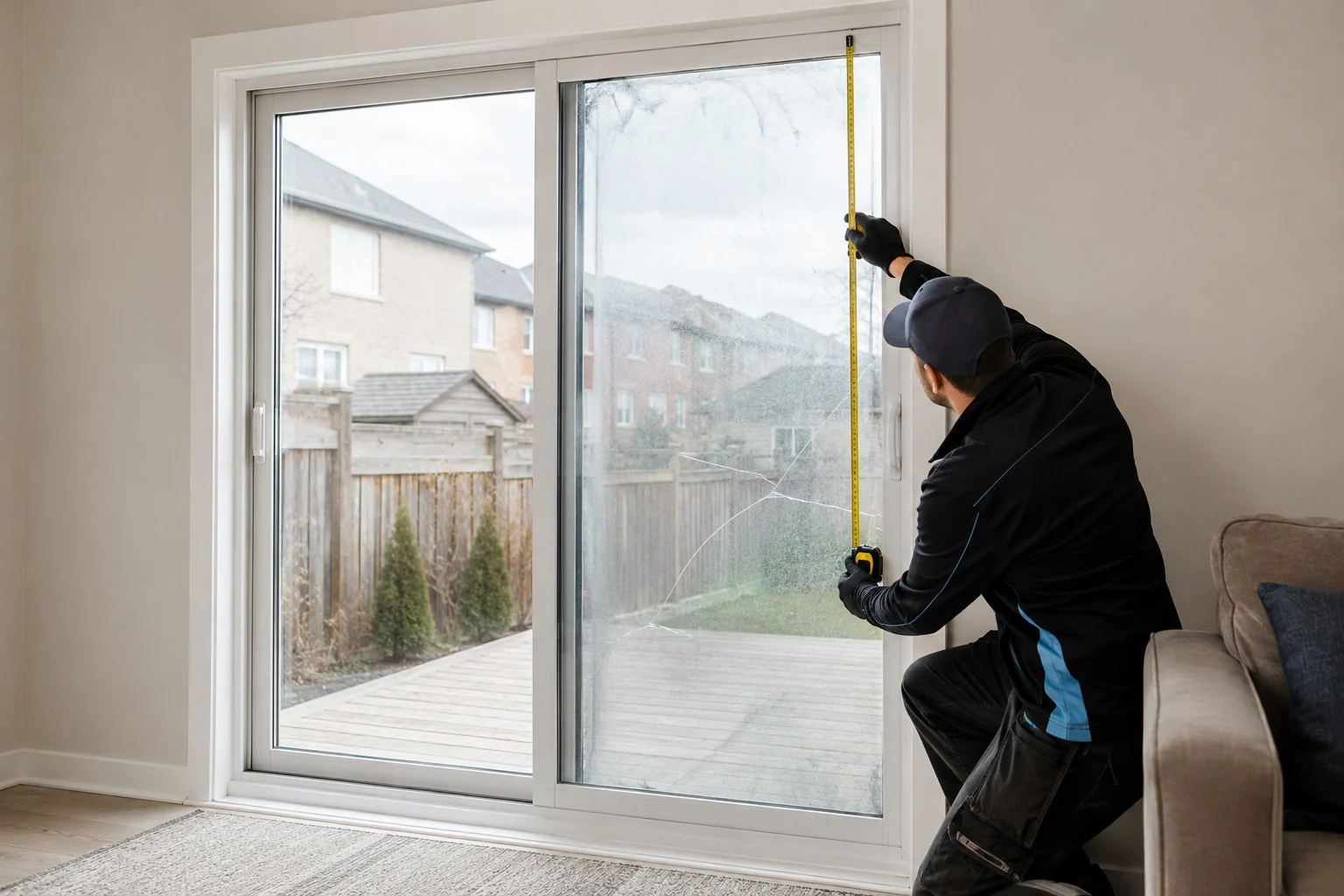 Sliding patio door glass panel being measured for replacement