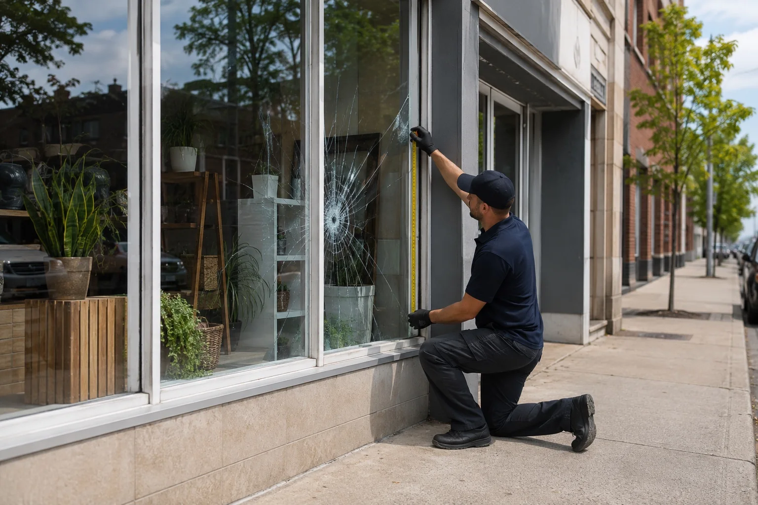 Glazier measuring damaged storefront glass in Toronto