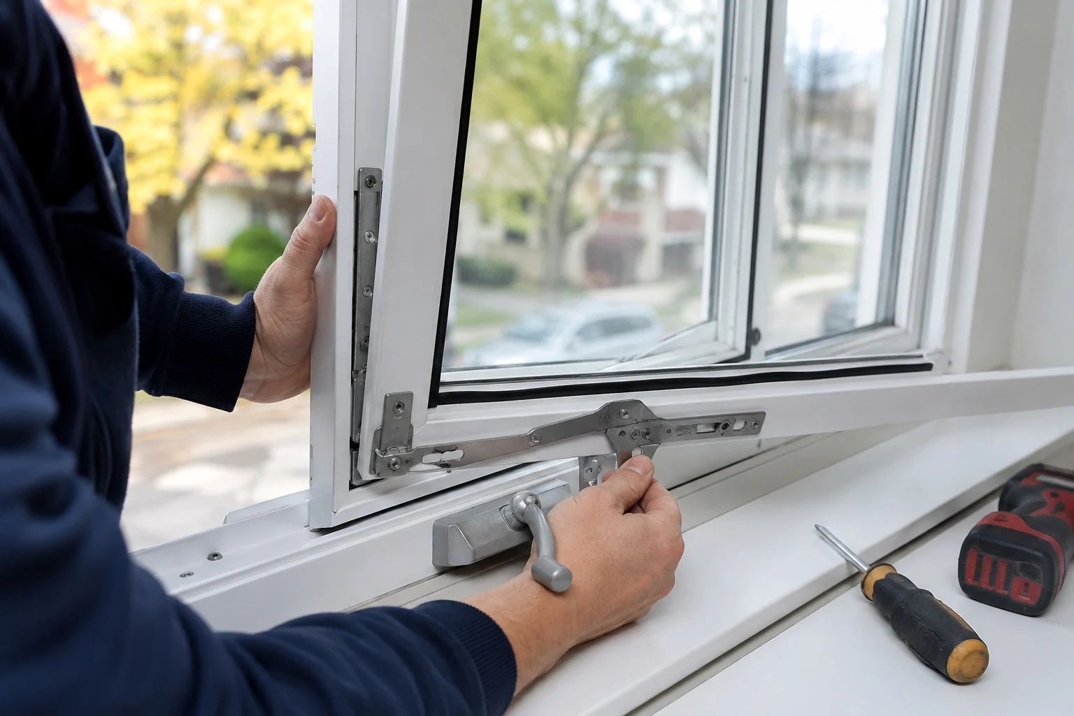 Residential casement window hardware being inspected