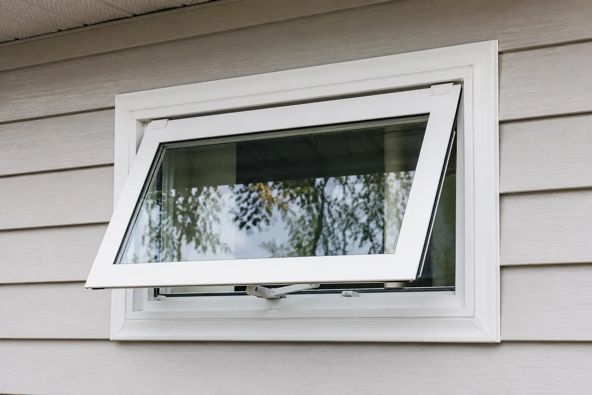 Installed residential awning window opened outward from the bottom