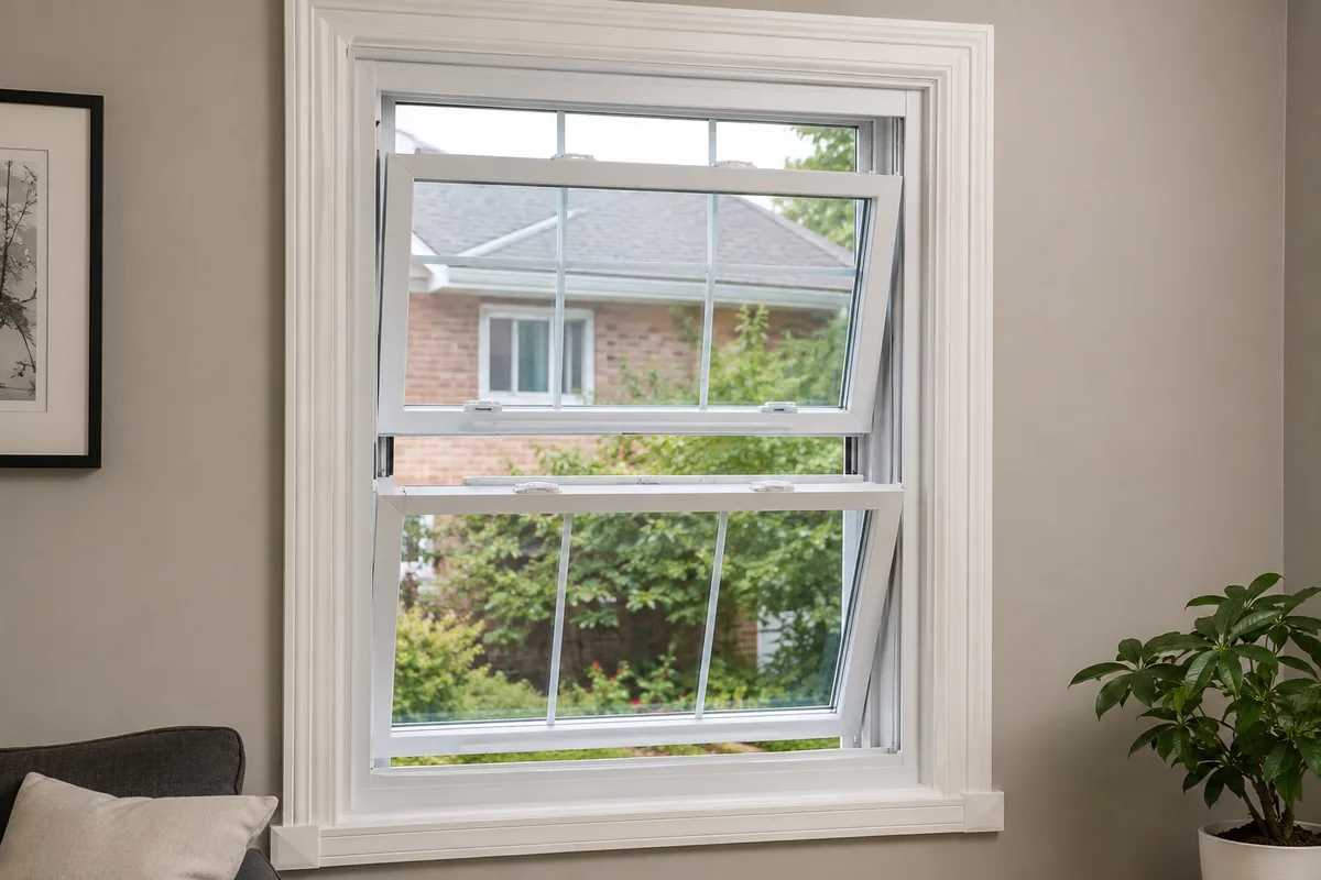 Installed residential double-hung window showing two operable sashes