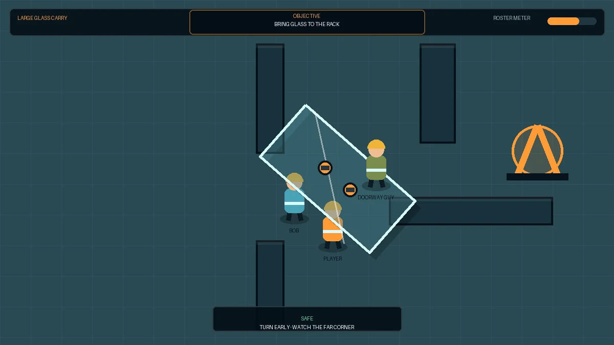 Gameplay showing a rotated glass lite moving through a wide doorway during the carry challenge