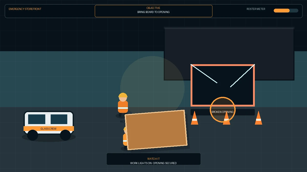 Gameplay showing cones, work lights and a broken commercial storefront at night