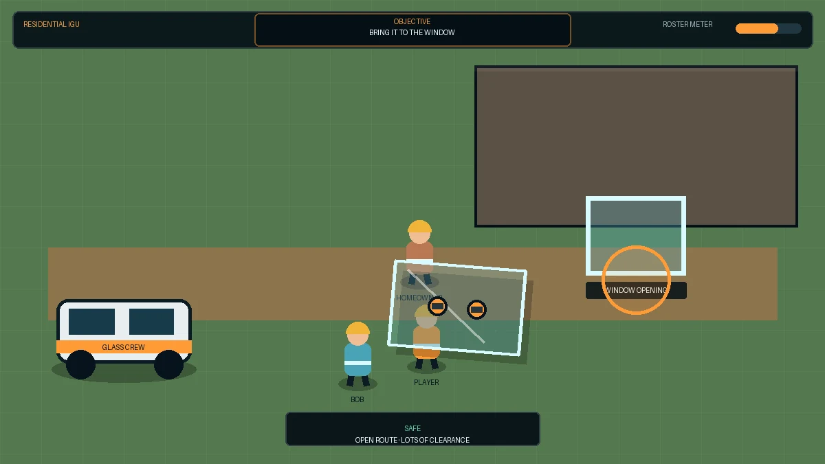 Gameplay showing a glazier carrying a replacement insulated glass unit toward a house window
